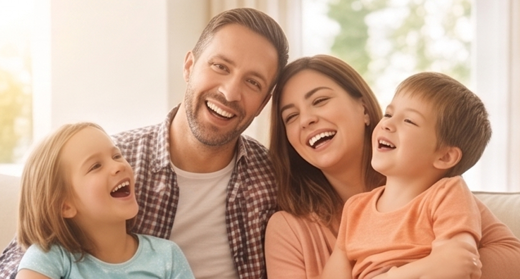 Famille épanouie avec parents et deux enfants souriants ensemble sur le canapé pour leur mutuelle famille Ohlala