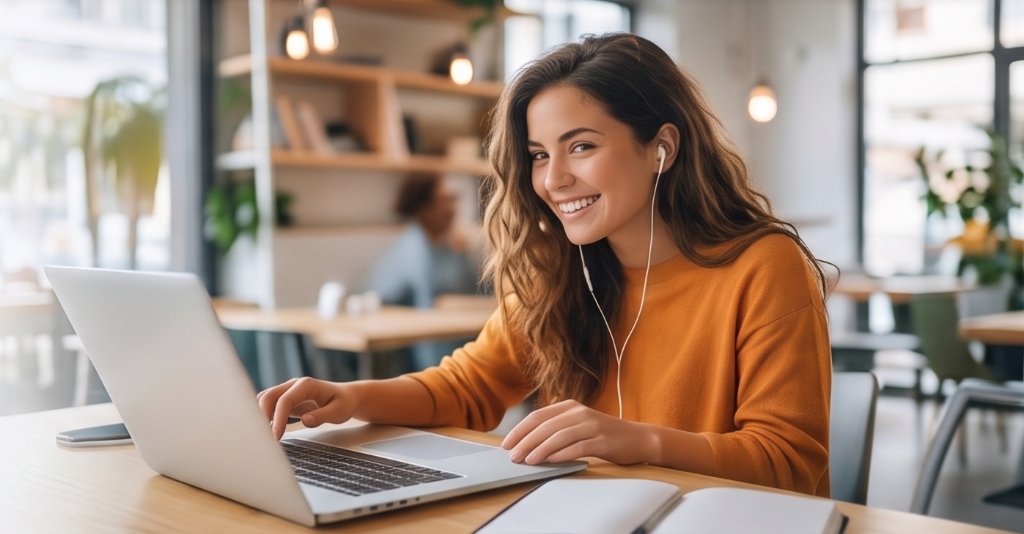 Jeune étudiante dynamique souriante travaillant sur son ordinateur portable pour sa mutuelle jeune Ohlala