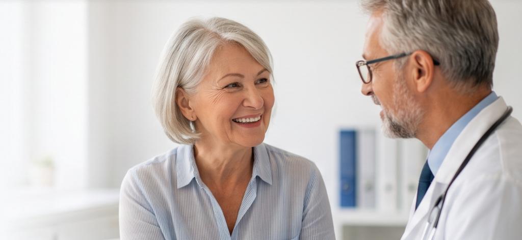 Patiente senior souriante en consultation chez son médecin traitant avec stéthoscope pour sa mutuelle santé Ohlala