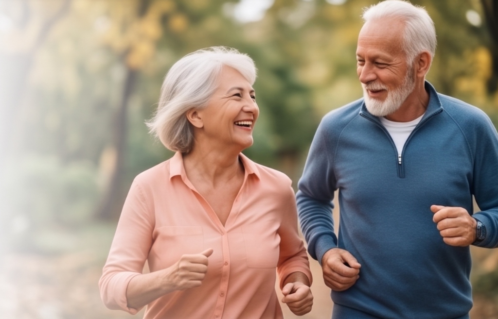 Senior homme et femme épanouis et en forme en pleine séance d'activité physique en plein air