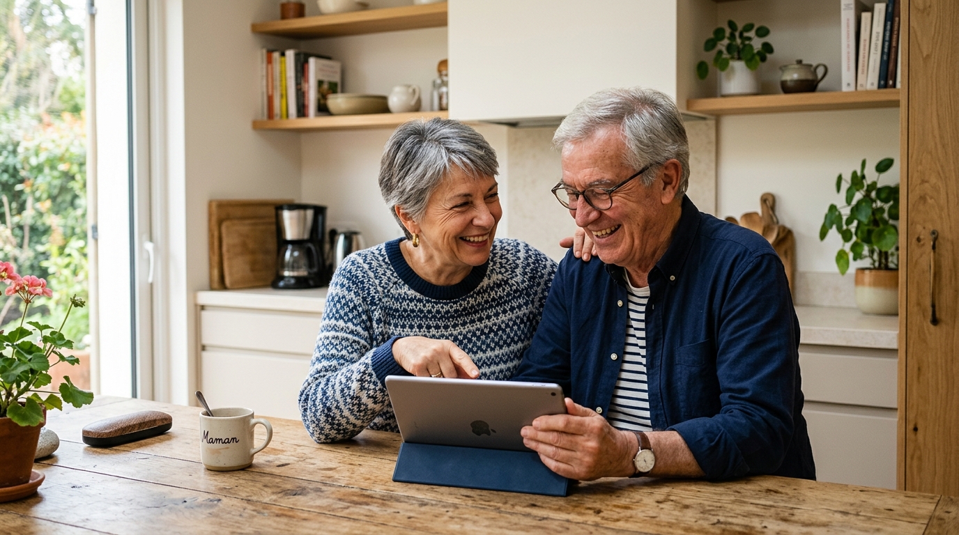 Couple senior souriant consultant une tablette pour leur mutuelle santé Ohlala